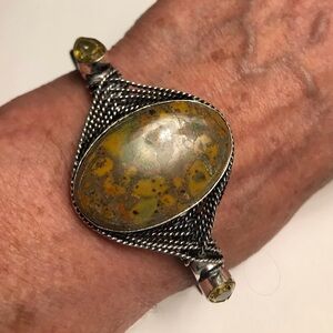 Fruit Jasper Citrine Stamped 925 Sterling Silver Cuff Bracelet